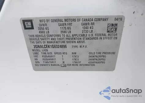 2016 Chevrolet Equinox Lt из США, поврежденный, VIN 2GNALCEK1G6324896